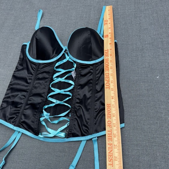 Y2K Corset Lingerie 36C/L Black Teal Ribbon Garter Punk Whimsigoth Dark Romantic - Picture 7 of 10